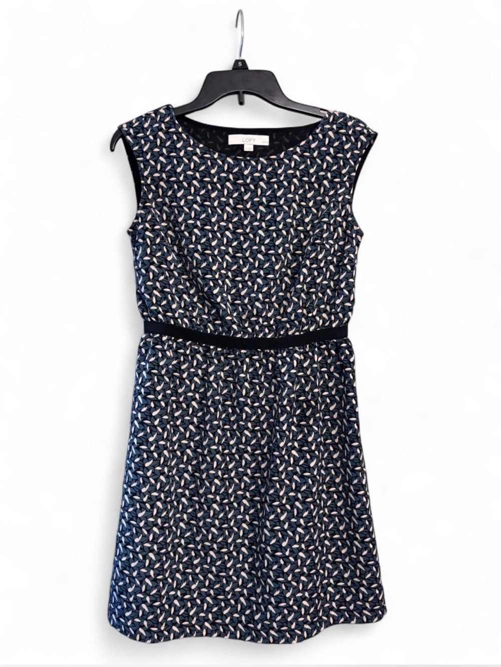 LOFT Navy Printed Cap-Sleeve Fit-and-Flare Dress